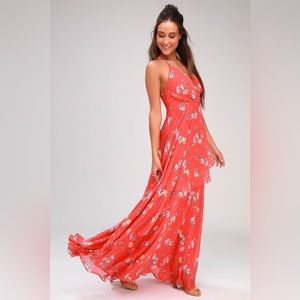 NWT- LULU’S Romance Abound Coral Red Floral Print Surplice Maxi Dress